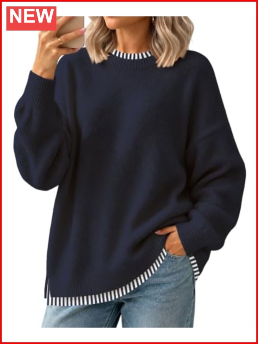 Womens Oversized Faux Layered Pullover Knit Sweater Crew Neck Long Sleeve